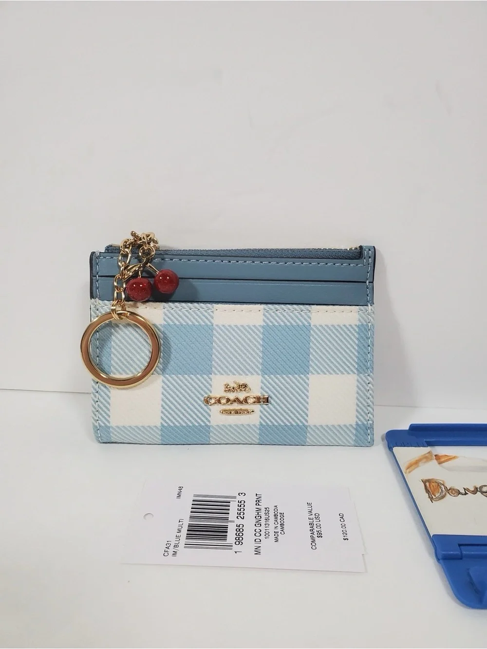 Coach Mini Skinny Id Case With Gingham Print And Charm NWT